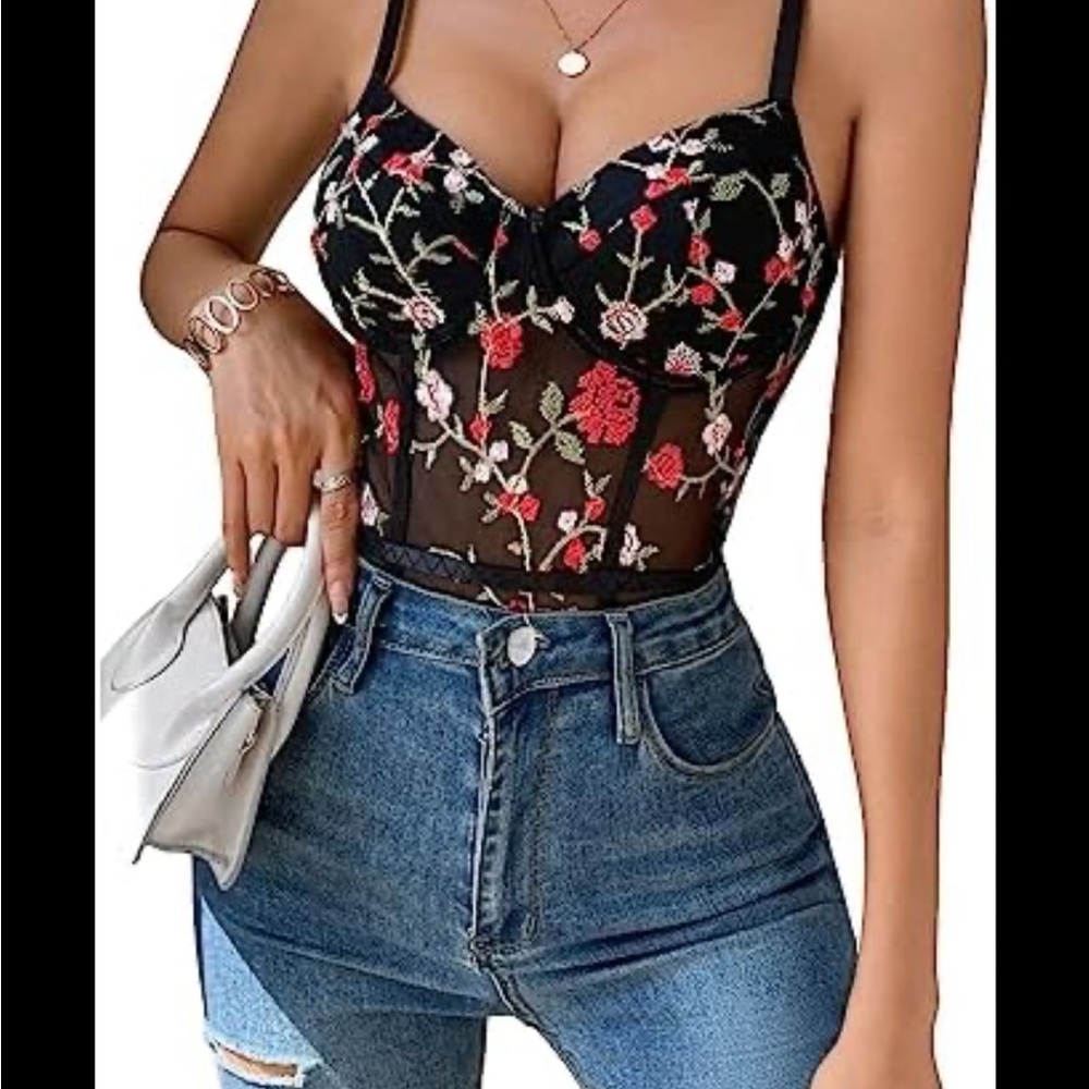 Sheer black floral embroidered bodysuit shapewear corset going out top lingerie